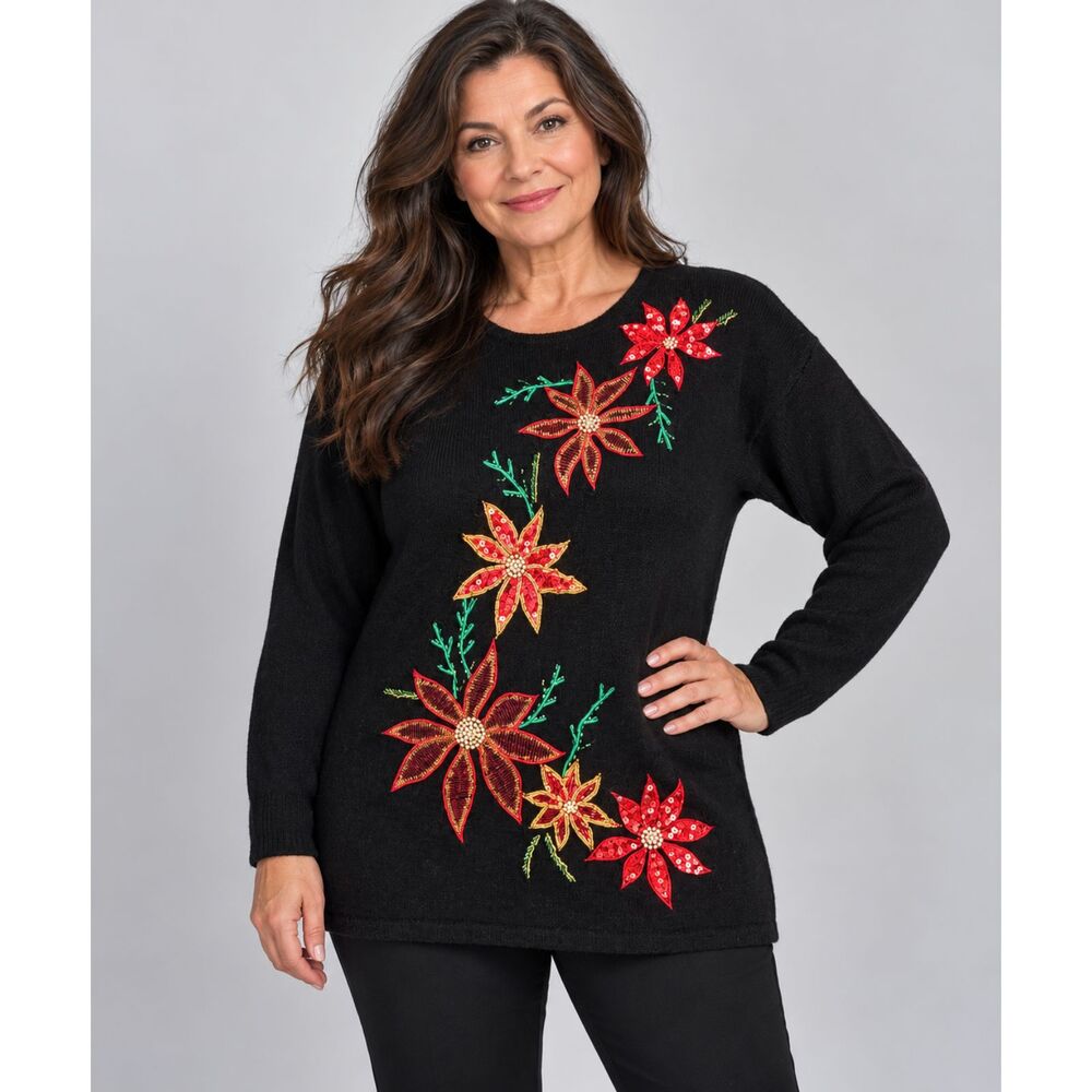 Karen Scott Evening Embroidered Floral Sweater Medium Silk Angora
